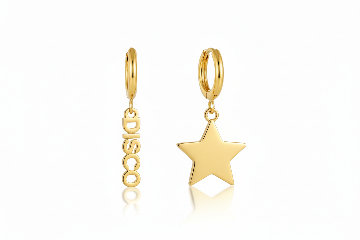 Gold hoop earrings with 'DISCO' and star charms on a white background