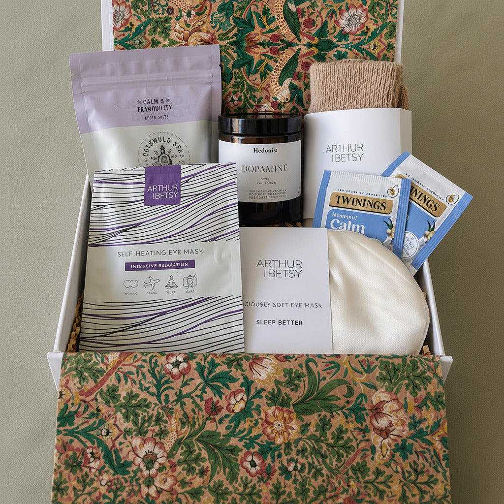 Gift box with self-care items including a candle, tea, and skincare products on a floral-patterned surface.