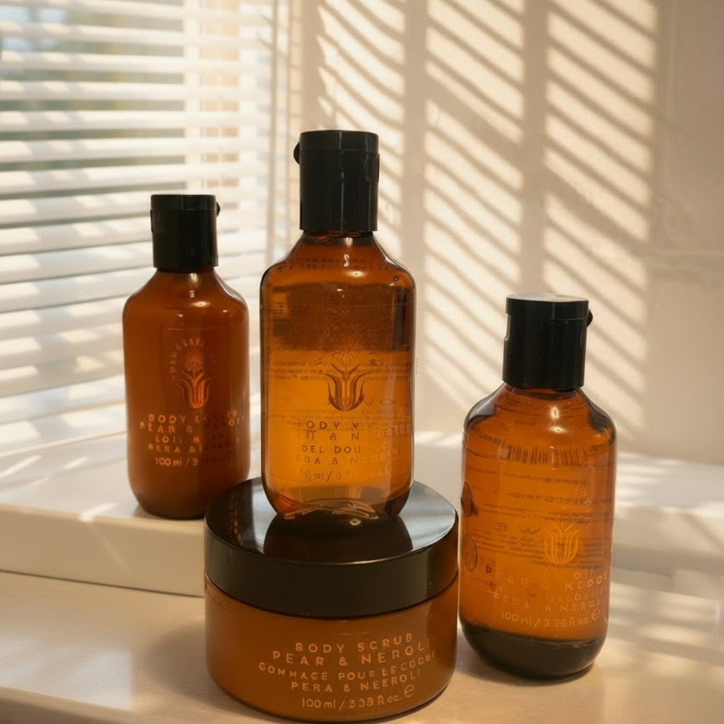 Set of brown skincare bottles and jar on a bathroom counter with sunlight casting shadows.