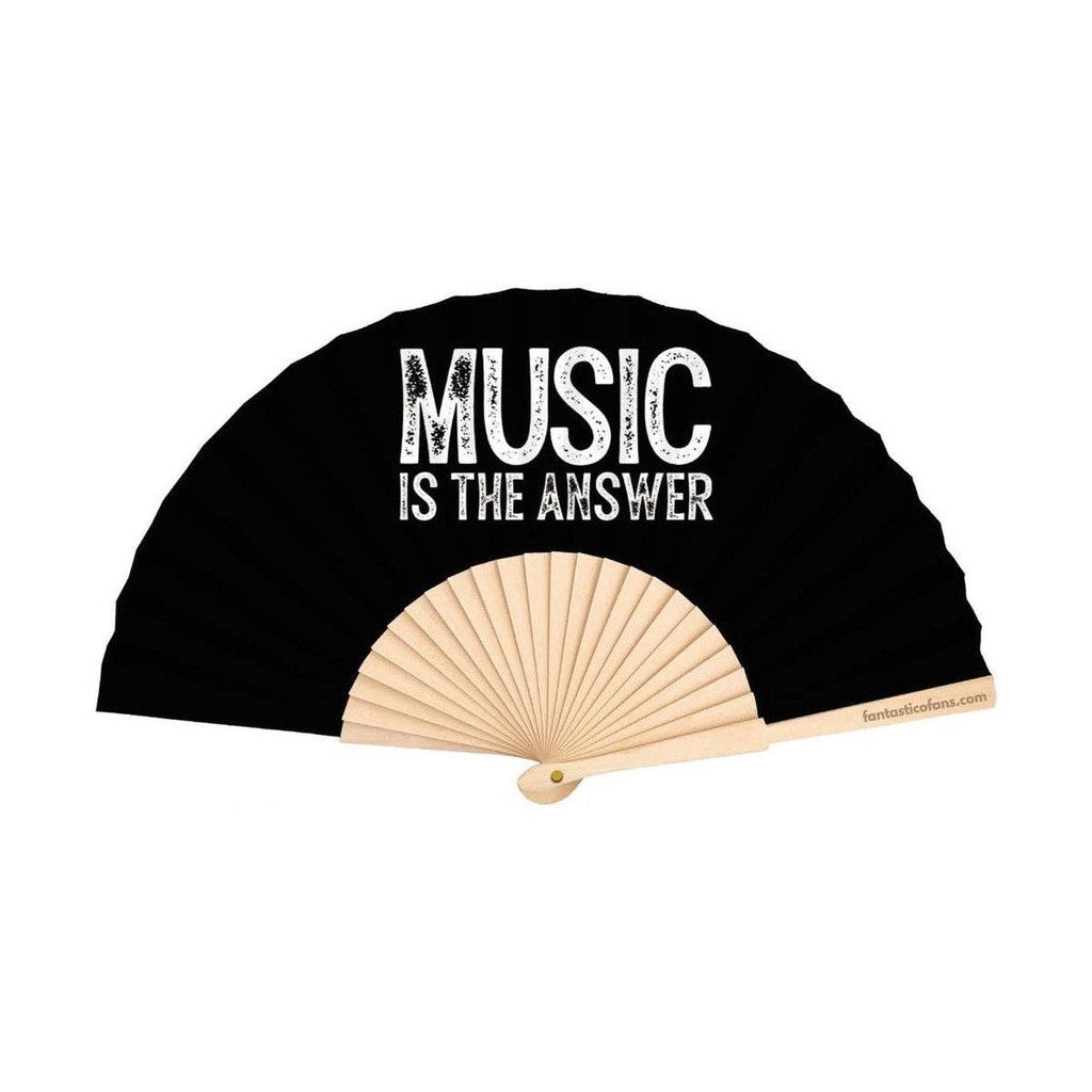 Black hand fan with 'Music is the Answer' text on a white background