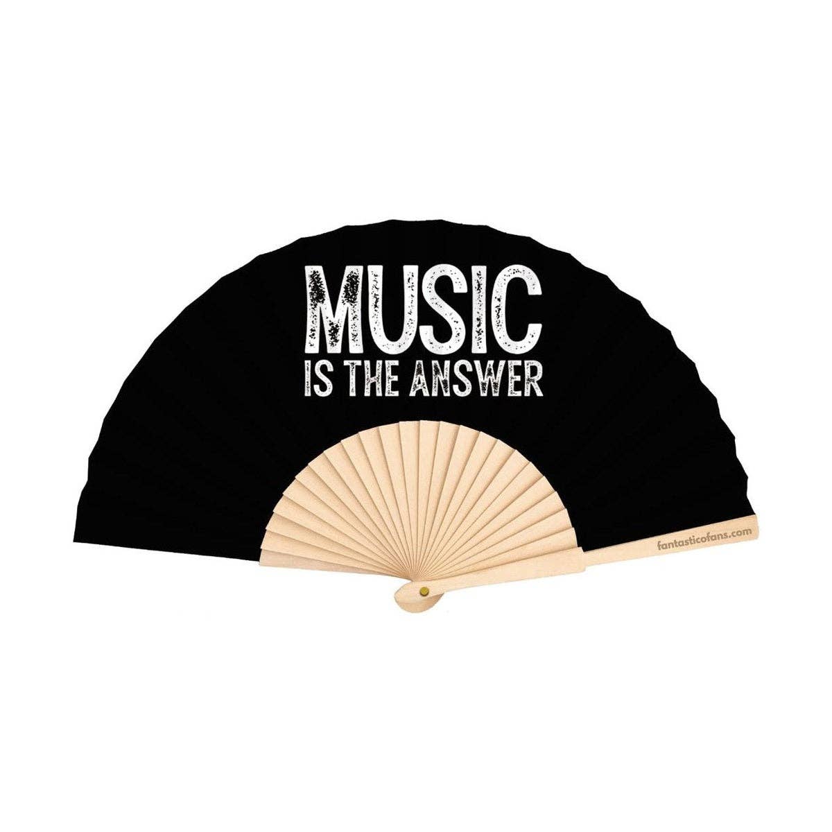 Black hand fan with 'Music is the Answer' text on a white background