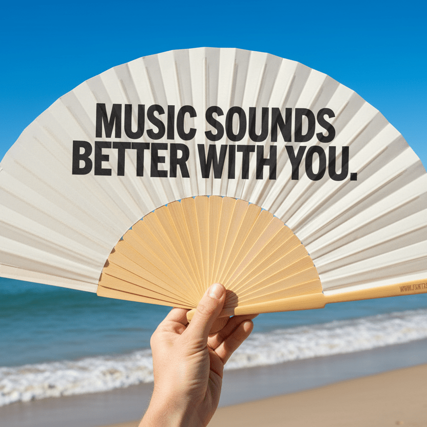 Hand holding a fan with 'Music sounds better with you' text on a beach.
