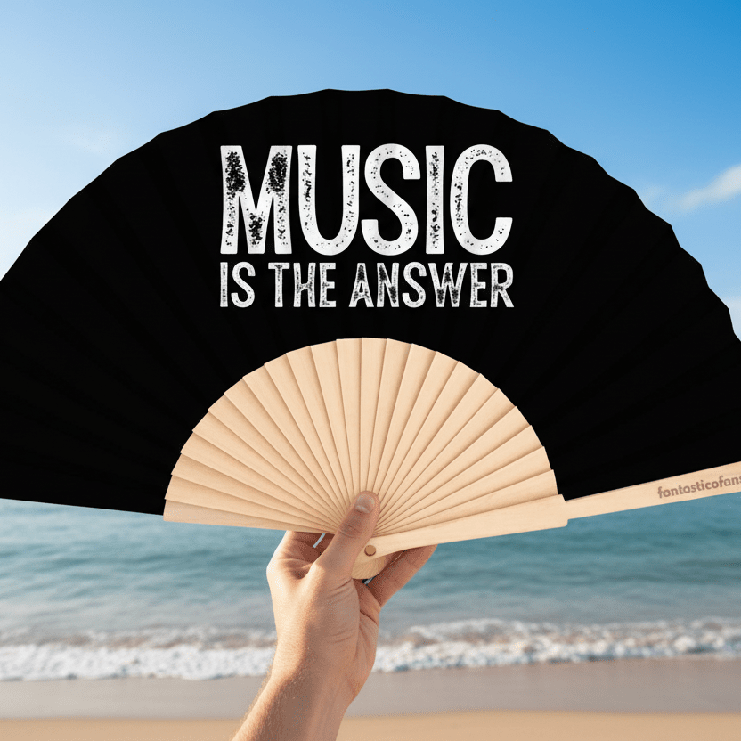 Handheld fan with 'Music is the Answer' text held against a beach background